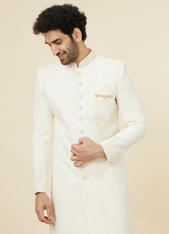 alt message - Manyavar Men Antique White Floral Patterned Sequined Sherwani Set image number 0